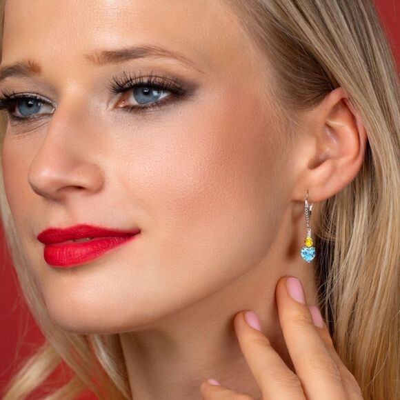 925 Sterling Silver with 3.75 Cttw Blue Topaz and Yellow Sapphire Heart Earrings